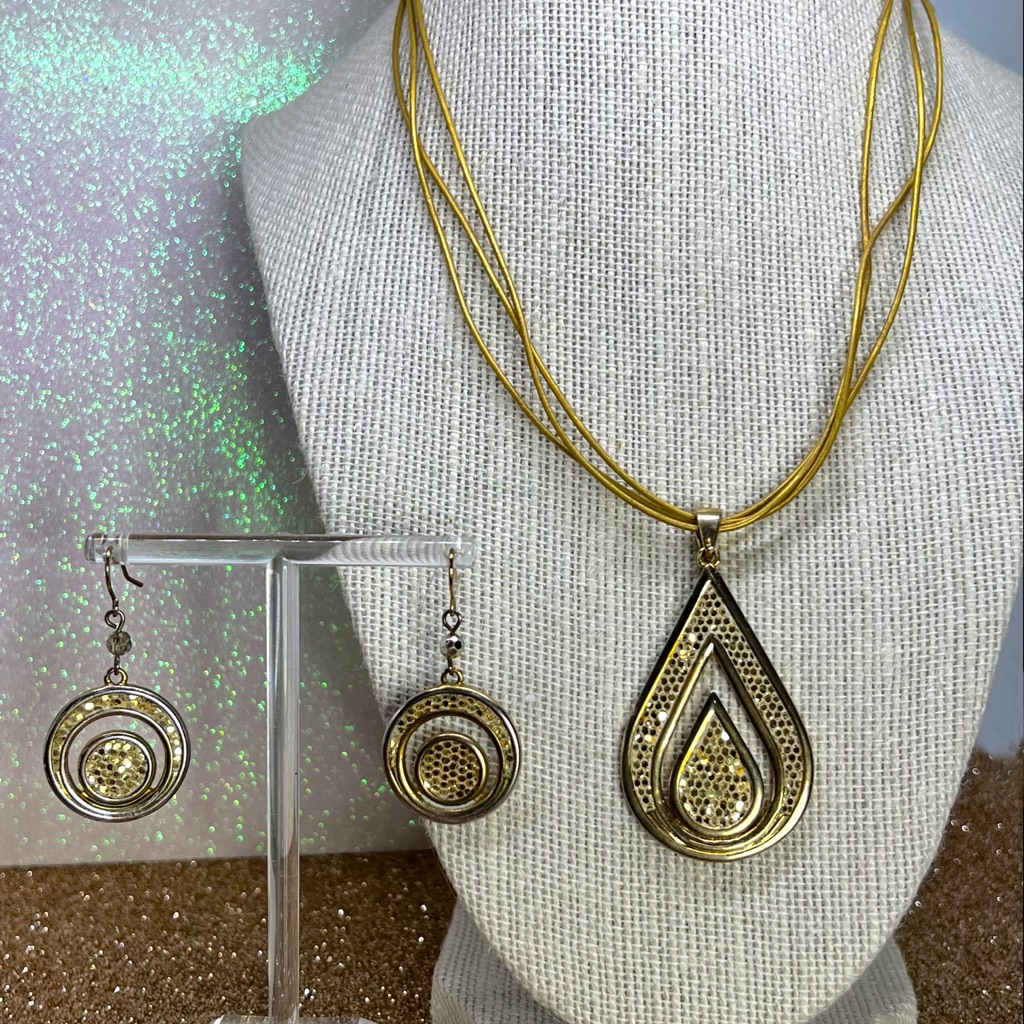 Vintage Gold Mosaic Teardrop Medallion On Silk Cord W/Matching Earrings